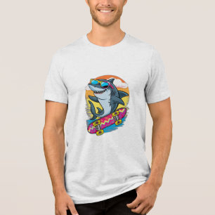 A shark wearing sunglasses, riding a skateboard. Tri-Blend shirt