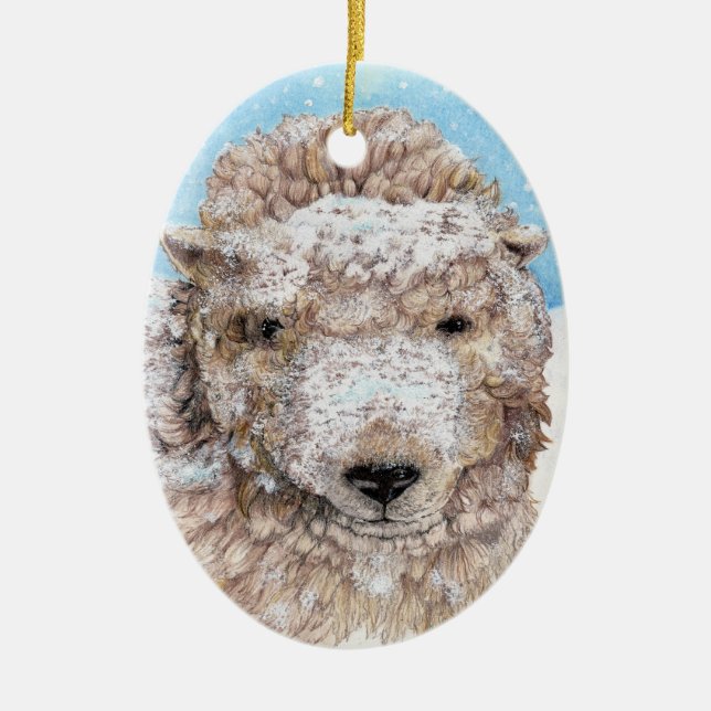 A Sheep in Snow Ceramic Ornament (Front)