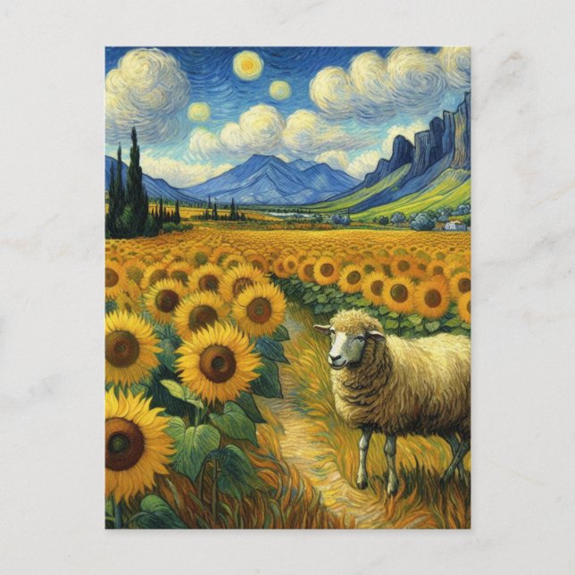 A Sheep in the Sunflower Field Faux Van Gogh Postcard (Front)