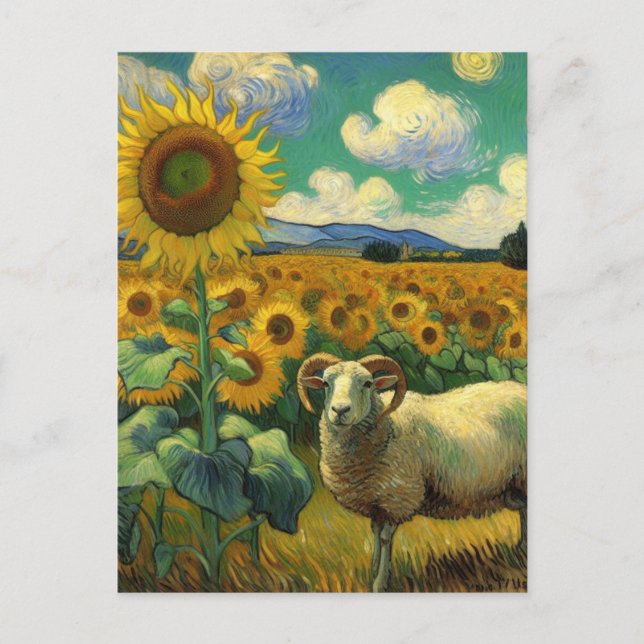A Sheep with horns in the Sunflower Field Van Gogh Postcard (Front)