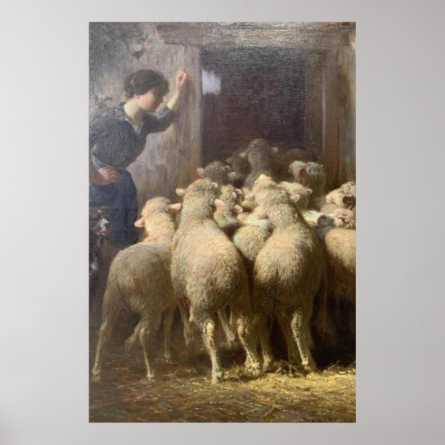  A Shepherdess, Her Dog, and Sheep in Barn Poster (Front)
