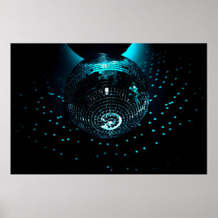 A shiny disco ball hangs on a black background in  poster