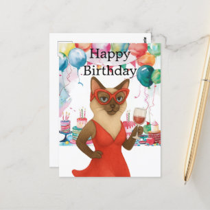 A siamese cat is drinking wine Happy Birthday  Postcard