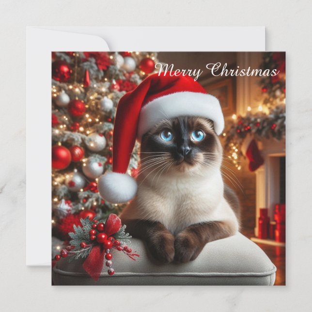 A siamese cat wears a Santa hat Holiday Card (Front)
