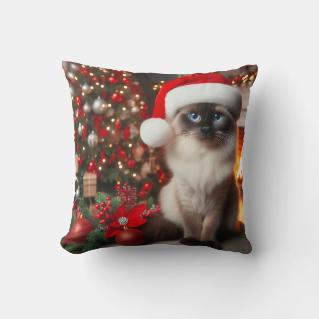 A Siamese cat with Santa hat  Cushion (Front)