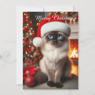 A Siamese cat with Santa hat  Holiday Card