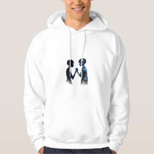 A silhouette of a person holding hands with a cons hoodie