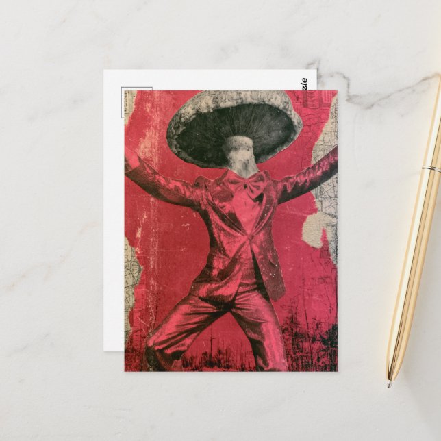 A silly funny retro dancing mushroom postcard (Front/Back In Situ)