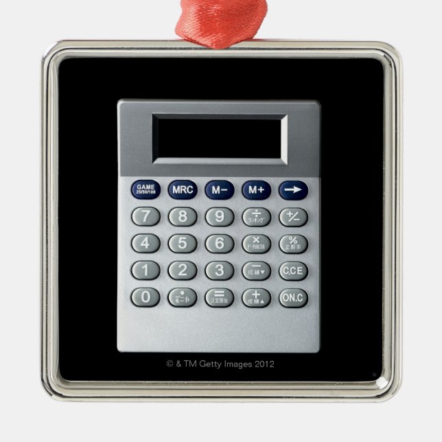 A silver calculator metal tree decoration (Front)