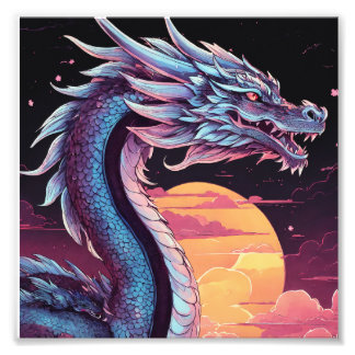 A silver dragon on a black background photo print