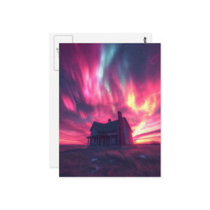 A single house with the pink northern sky postcard