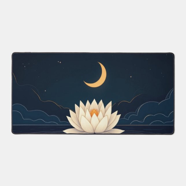 a single lotus flower floating on a dark pond desk mat (Front)