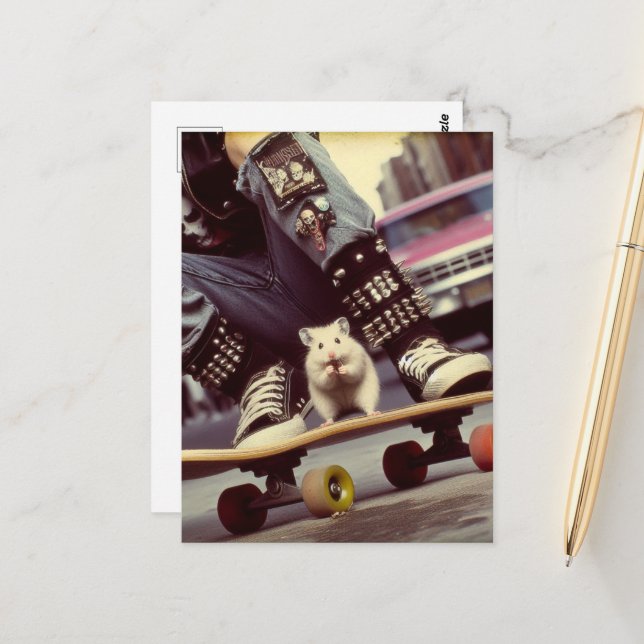 A Skateboarding Hamster in the City Retro Punk Postcard (Front/Back In Situ)