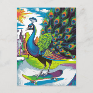 A Skateboarding Peacock Postcard
