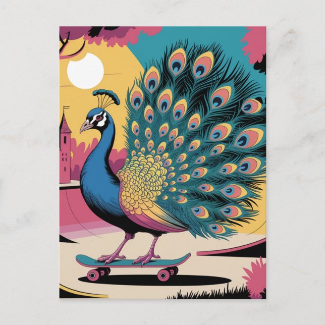 A Skateboarding Peacock Postcard (Front)