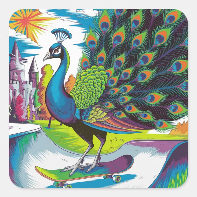 A Skateboarding Peacock Square Sticker (Front)