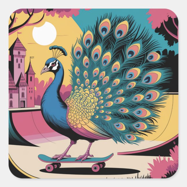 A Skateboarding Peacock Square Sticker (Front)