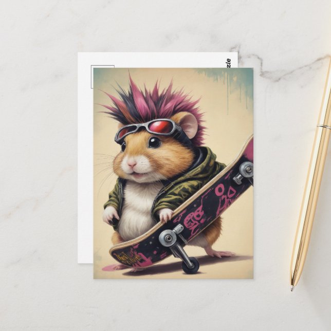 A Skateboarding Punk Hamster Retro  Postcard (Front/Back In Situ)