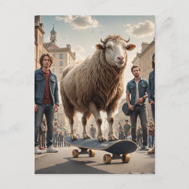 A Skateboarding Sheep Cow Hybrid Postcard (Front)