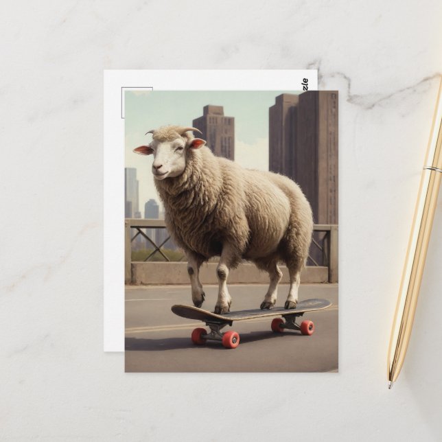 A Skateboarding White Sheep in the City Postcard (Front/Back In Situ)