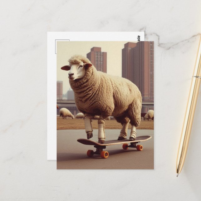 A Skateboarding White Sheep Postcard (Front/Back In Situ)