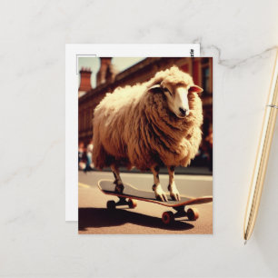 A Skateboarding White Sheep Retro Photo Postcard