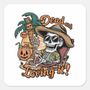 A skeleton wearing sunglasses and lounging on a be square sticker