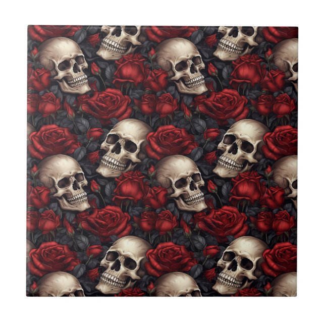 A Skull and Roses Series Design 10 Ceramic Tile (Front)