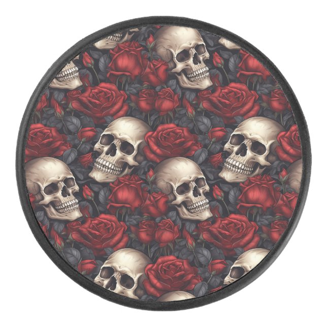 A Skull and Roses Series Design 10 Hockey Puck (Front)