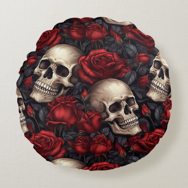 A Skull and Roses Series Design 10 Round Cushion (Front)
