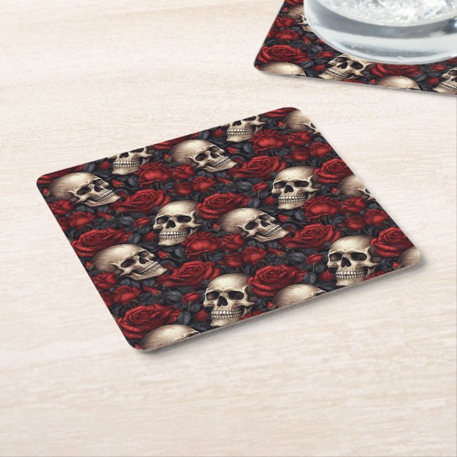 A Skull and Roses Series Design 10 Square Paper Coaster (Angled)