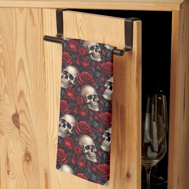 A Skull and Roses Series Design 10 Tea Towel (Thirds Fold)