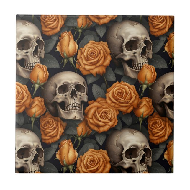 A Skull and Roses Series Design 11 Ceramic Tile (Front)