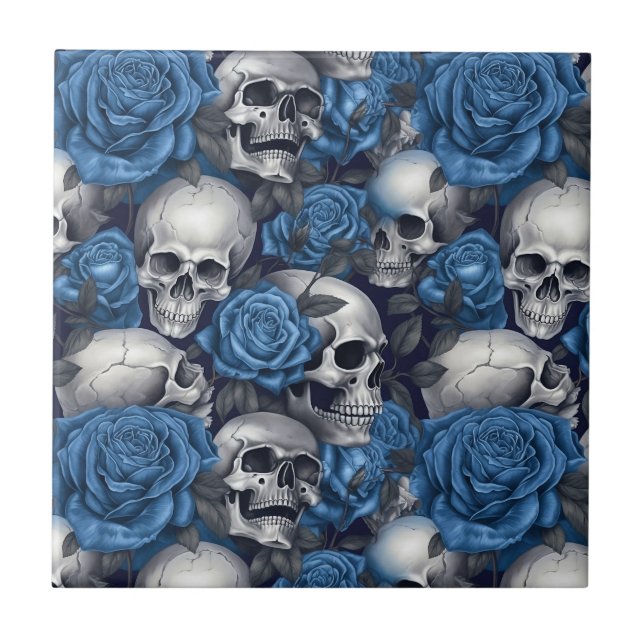 A Skull and Roses Series Design 12 Ceramic Tile (Front)