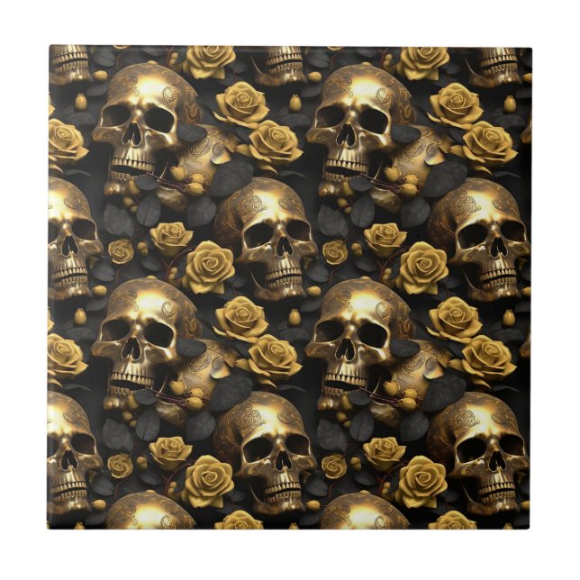 A Skull and Roses Series Design 8 Ceramic Tile (Front)