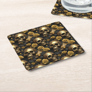 A Skull and Roses Series Design 8 Square Paper Coaster
