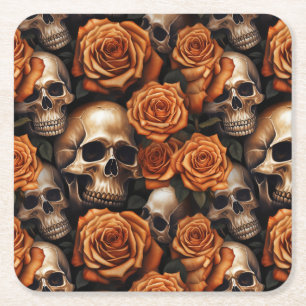 A Skull and Roses Series Design 9 Square Paper Coaster