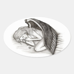 A sleeping Angel , Black and white Design Oval Sticker