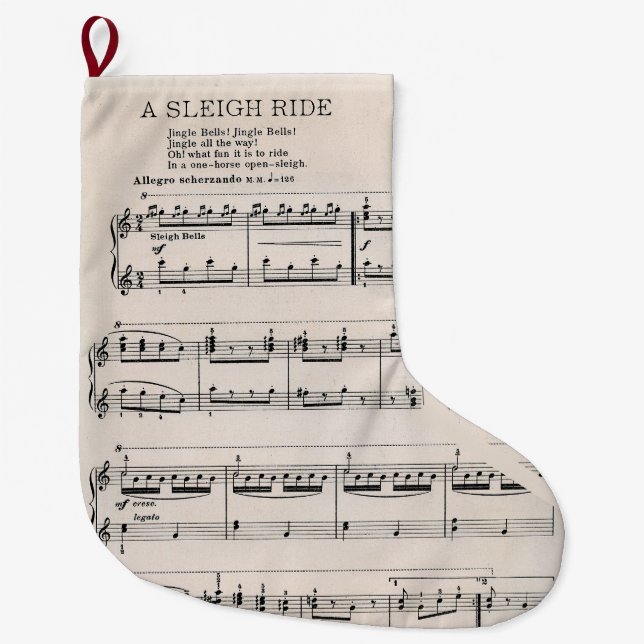 A Sleigh Ride Vintage Version Jingle Bells Music  Large Christmas Stocking (Front)