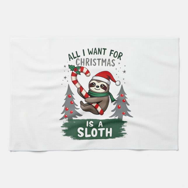 A Sloth For Christmas. Cute, Christmas Sloth With  Tea Towel (Horizontal)