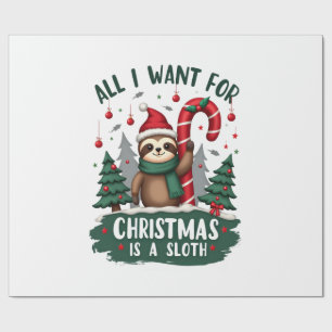 A Sloth For Christmas. Cute, Christmas Sloth With Wrapping Paper