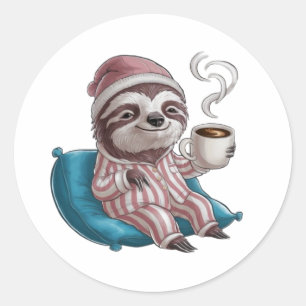 A sloth wearing pyjamas and a sleep cap classic round sticker