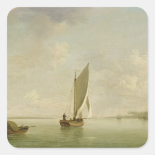 A Smack Under Sail in a Light Breeze in a River, c Square Sticker