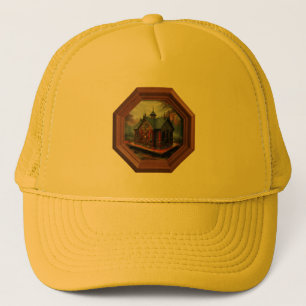 A Small Cabin Sits On A Platform In A Clearing Trucker Hat