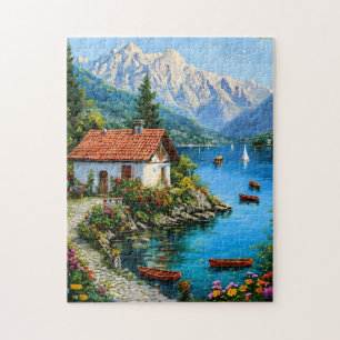 A small house on the background of a mountain lake jigsaw puzzle