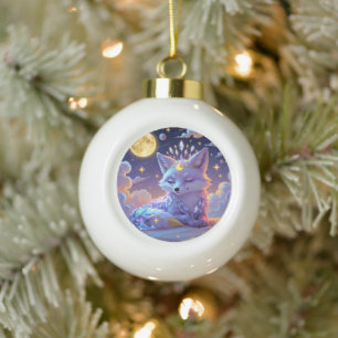 A small Star Whisper Moonlit Fox sleeping peaceful Ceramic Ball Christmas Ornament