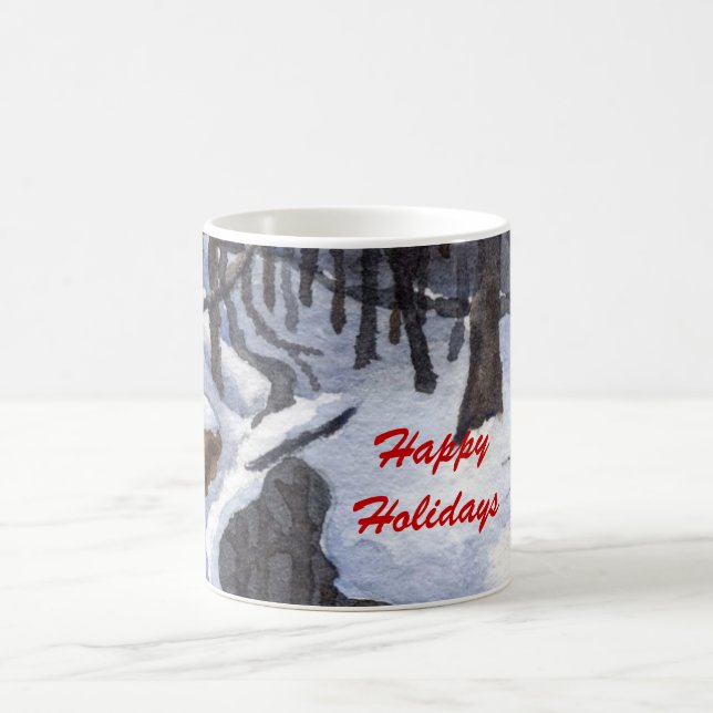 A small stream flows through snow and winter trees coffee mug (Center)