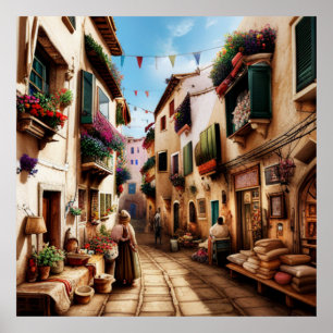 A small tourist town small streets shops flowers poster