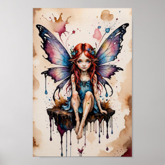A small winged fairy in watercolor on parchment poster