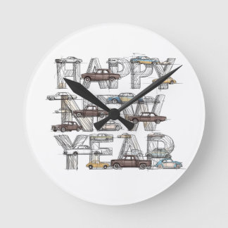 a smart happy new year design for cars lovers  round clock